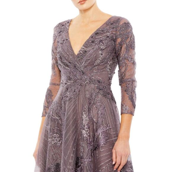 Mac Duggal Size 20 Purple Embellished 3/4 Long Sleeve V-Neck Midi Tea Dress Gown - Picture 3 of 5